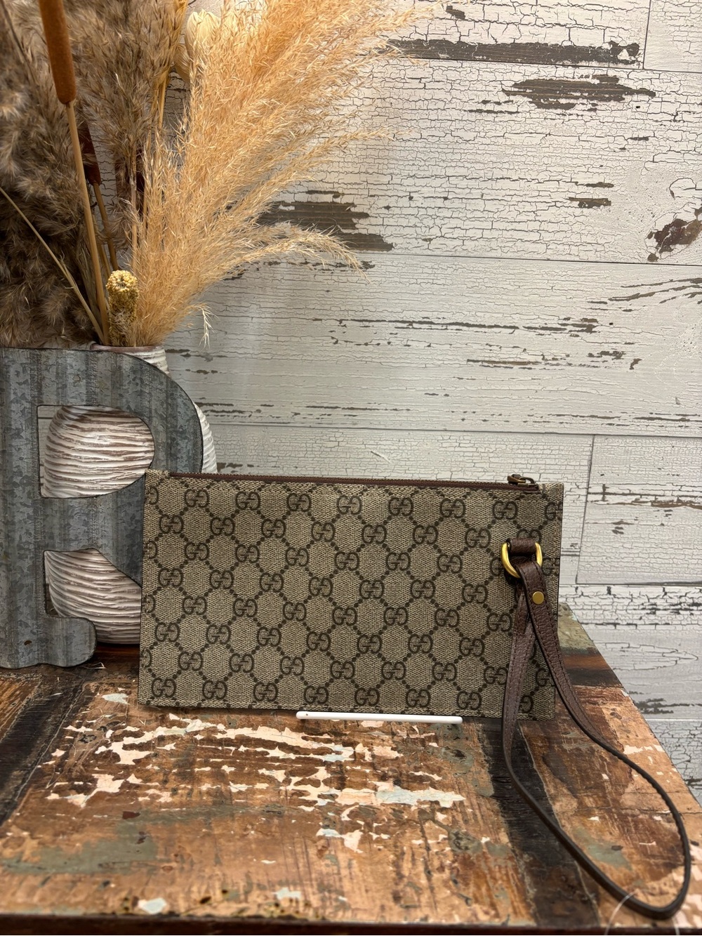 Gucci COA Beige/Brown GG Monogram Wristlet Clutch